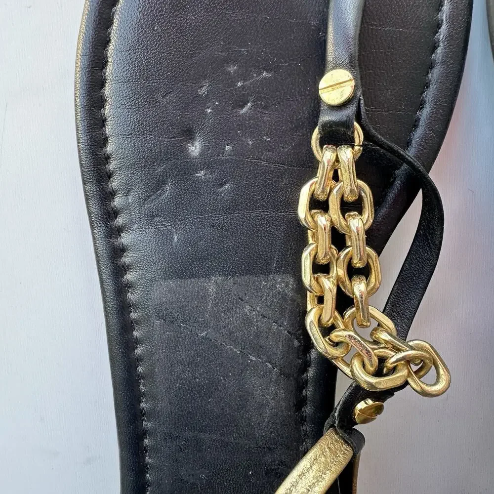 Tory Burch Shane Mestico T-Strap Sandals Women's sz 10 Black & Gold Tone Chain